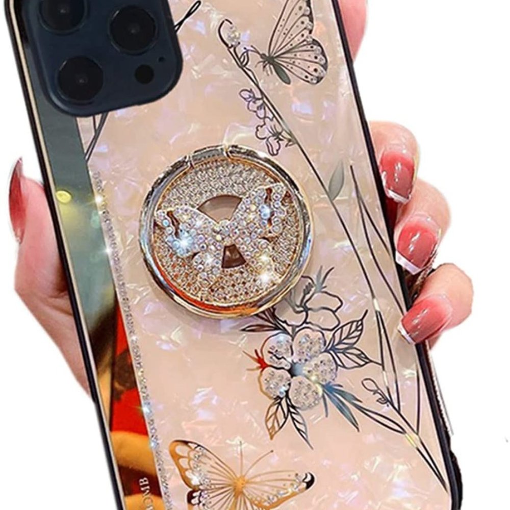 iPhone 13 Pro Max Cute Floral Butterfly Design w Ring Stand Luxury Diamond Case - Picture 4 of 7